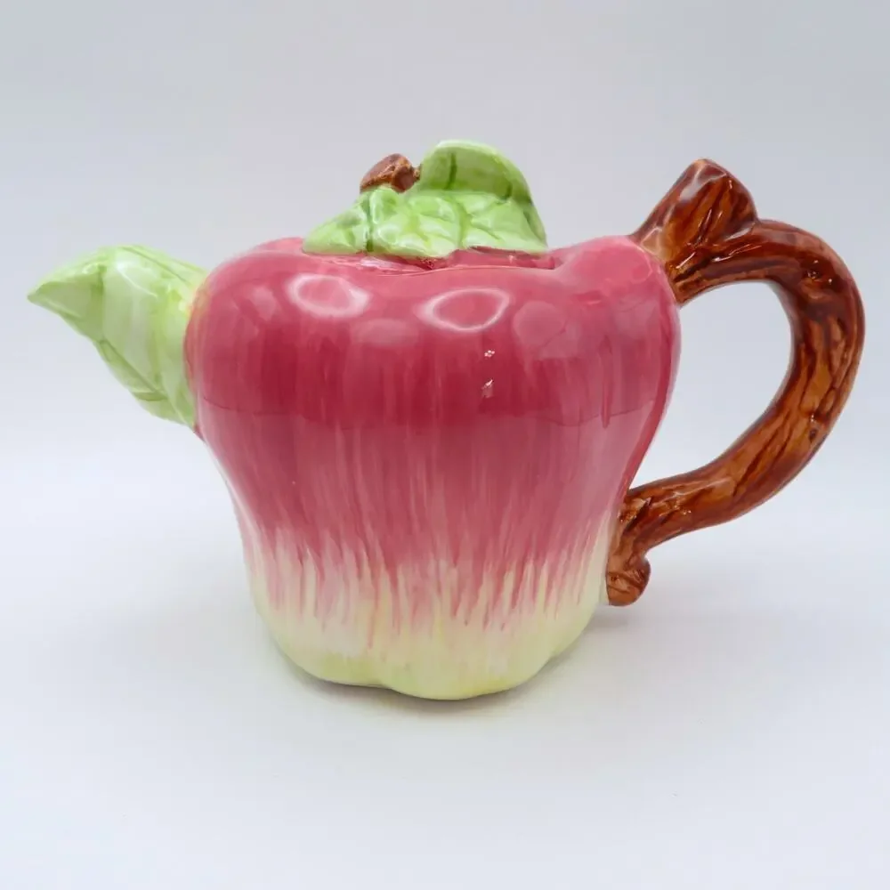 Vintage Apple Shaped Ceramic Teapot Single Serve Reddish Pink and Green 8 Oz